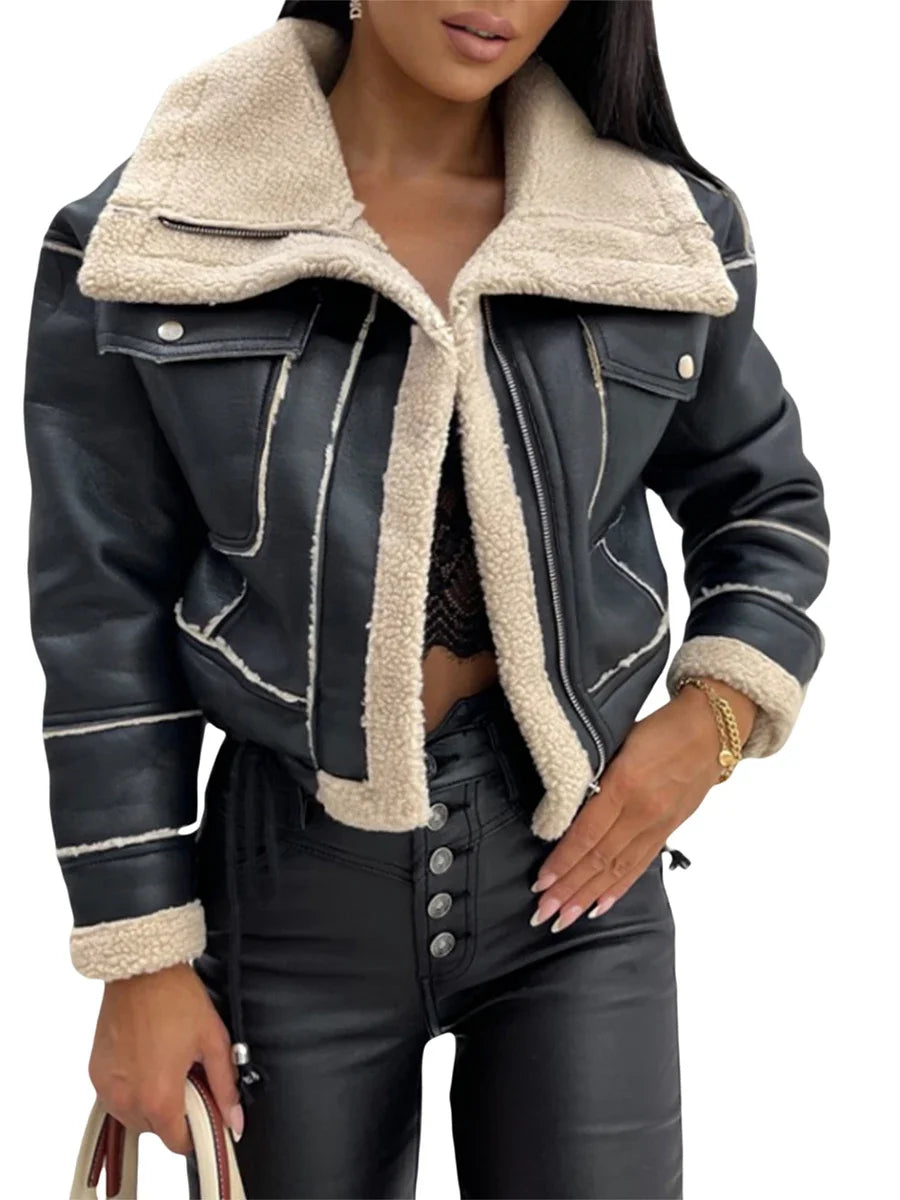 Winter Faux Leather Jacket Zipper Aviator Coat Faux Fur