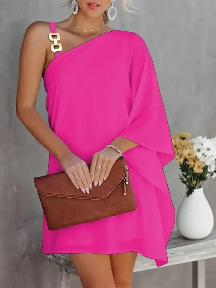 Casual Off-The-Shoulder One Strap Sloping Shoulder Midi Dress