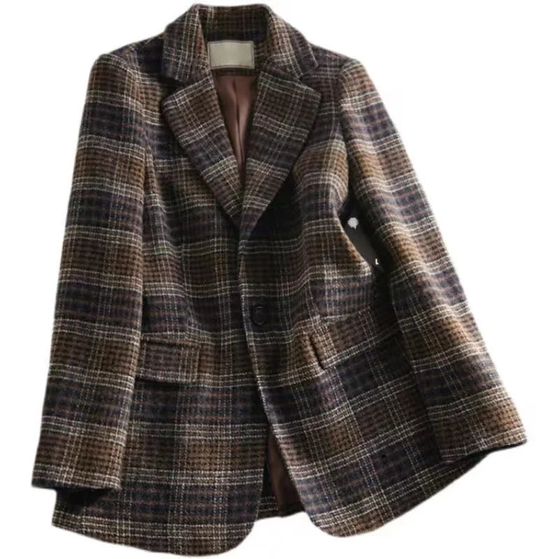 Brown Women Plaid Woolen Blazer