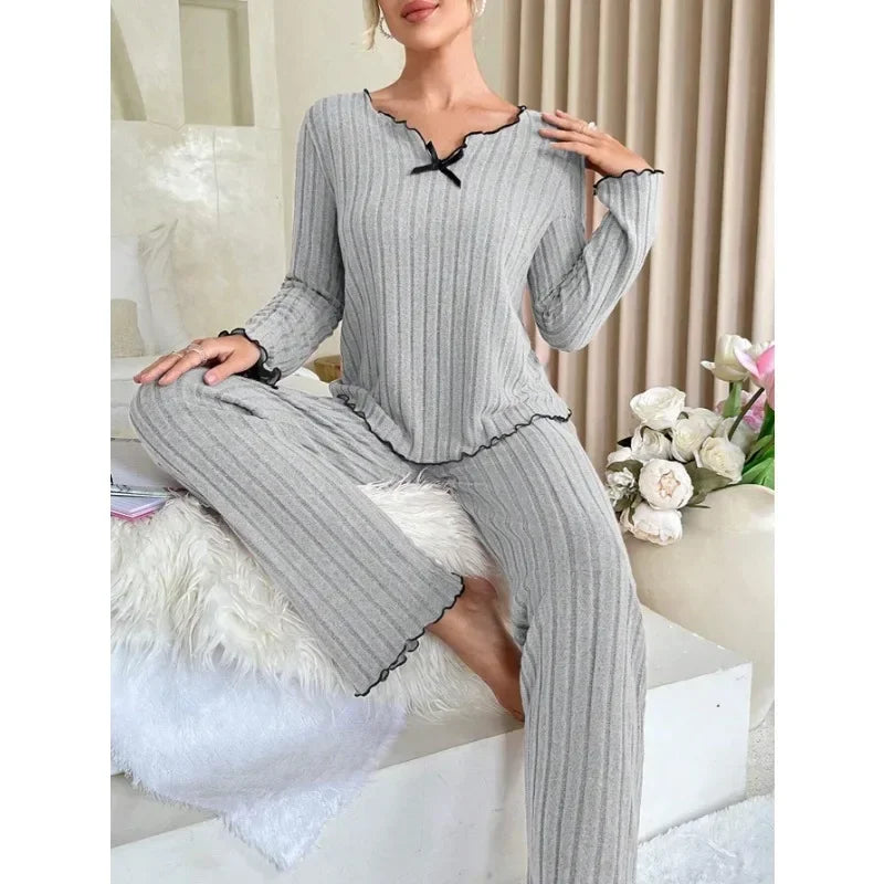 Ribbed Pajamas Set Long Sleeve Top and Long Pants 2 Piece