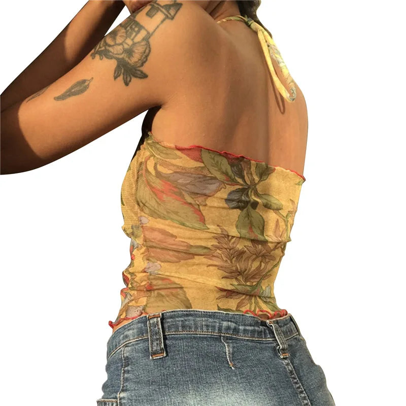 Mesh Sheer Floral Vintage halter Tops