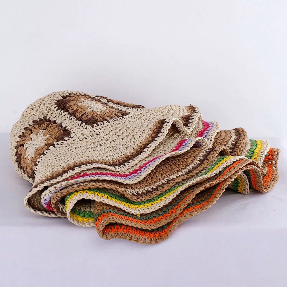 Hollowed Straw Crochet Bucket Hat UV Protection