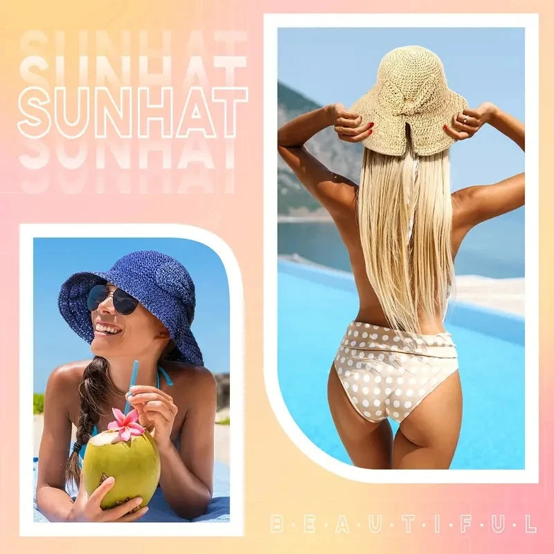 Straw Bowknot Slit Vintage Crochet Foldable Bucket Hat UV Protection