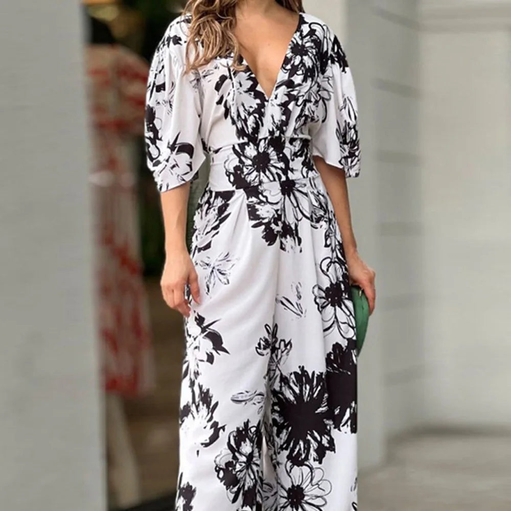 V-neck Dolman Sleeve Print Jumpsuit Loose High-rise Jumpsuit
