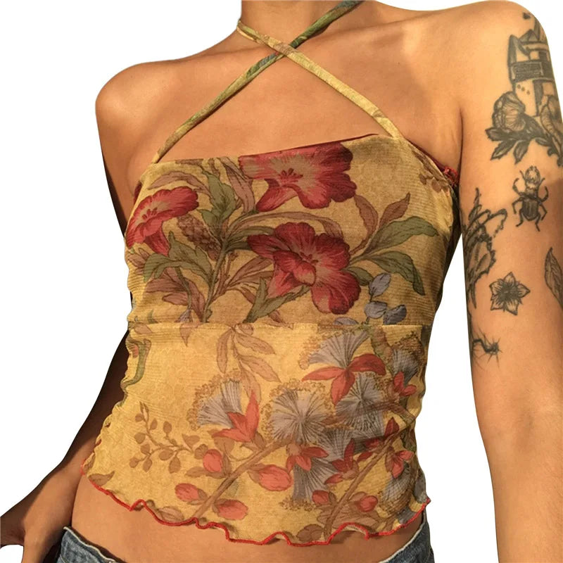 Mesh Sheer Floral Vintage halter Tops