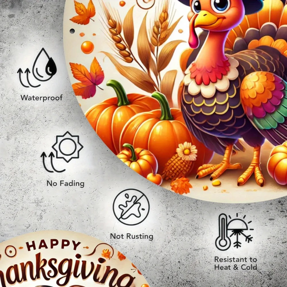 Thanksgiving Turkey Metal Sign - Attractive Printed Iron Wall Art, Round Holiday Plaque for Bar, Cafe, Kitchen Decoration