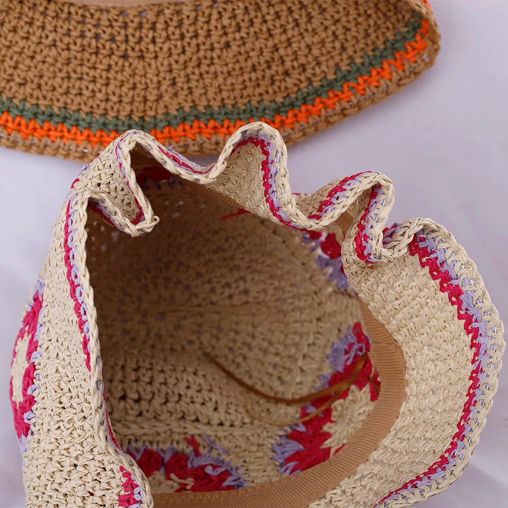 Hollowed Straw Crochet Bucket Hat UV Protection