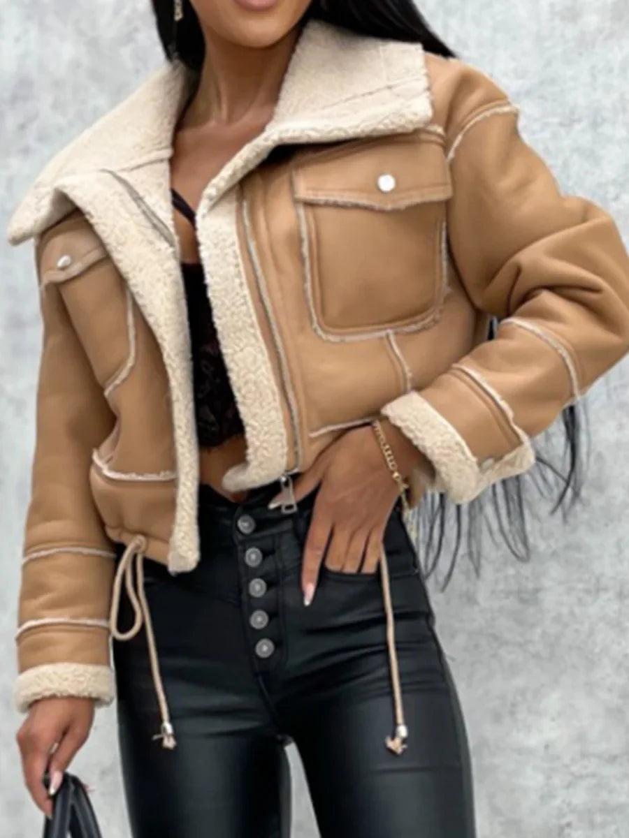 Winter Faux Leather Jacket Zipper Aviator Coat Faux Fur