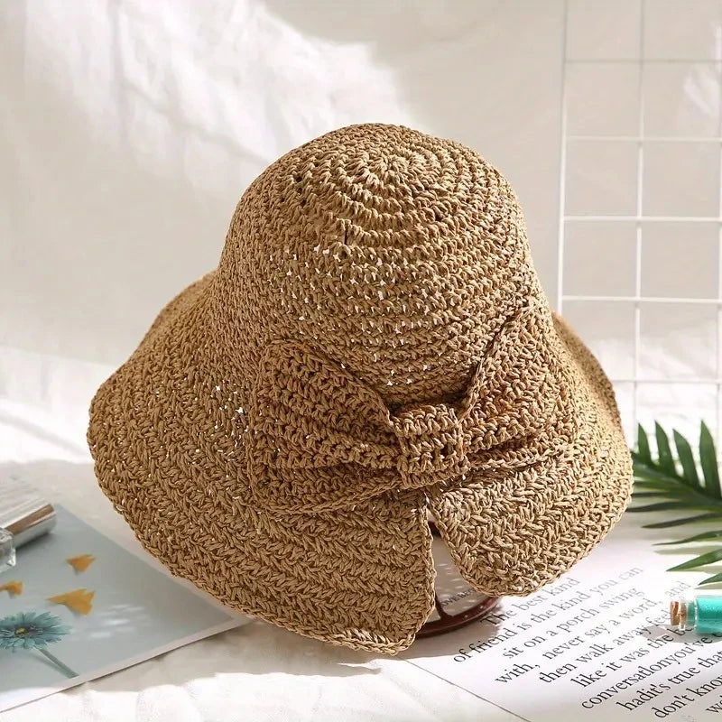 Straw Bowknot Slit Vintage Crochet Foldable Bucket Hat UV Protection