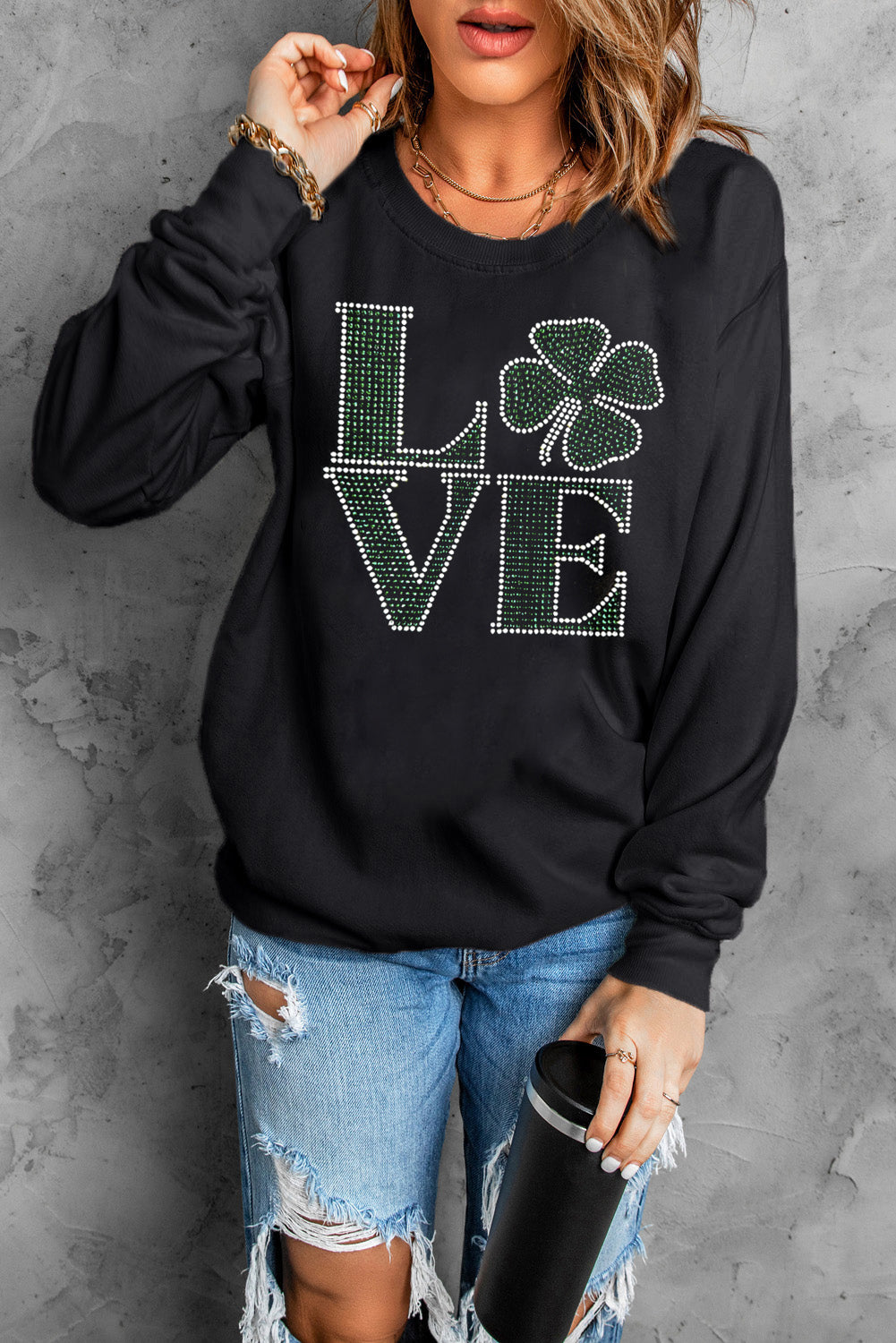 LOVE Rhinestone Clover Round Neck Sweatshirt