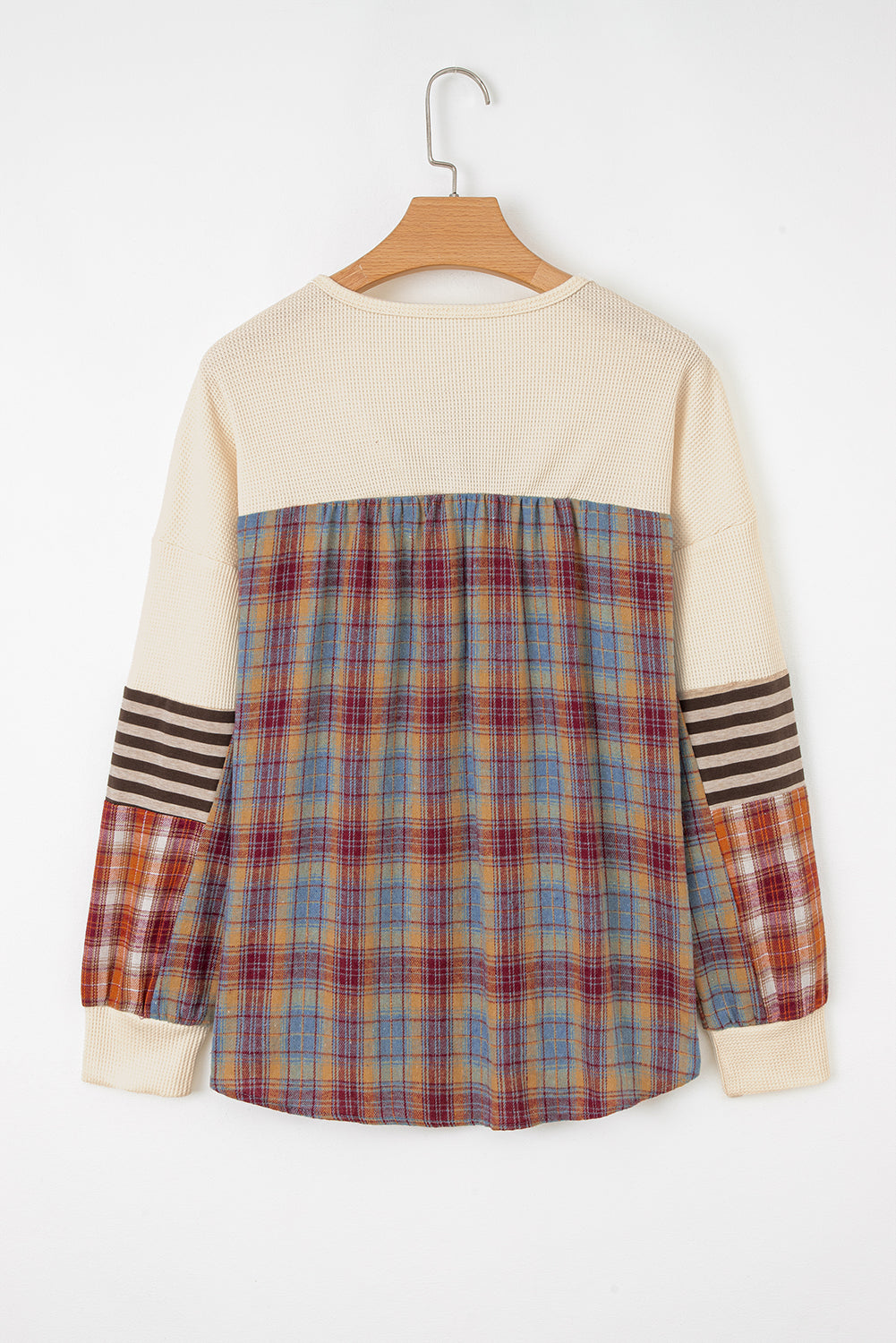 Straw Yellow Waffle Stripe Plaid Patchwork Henley Knit Top