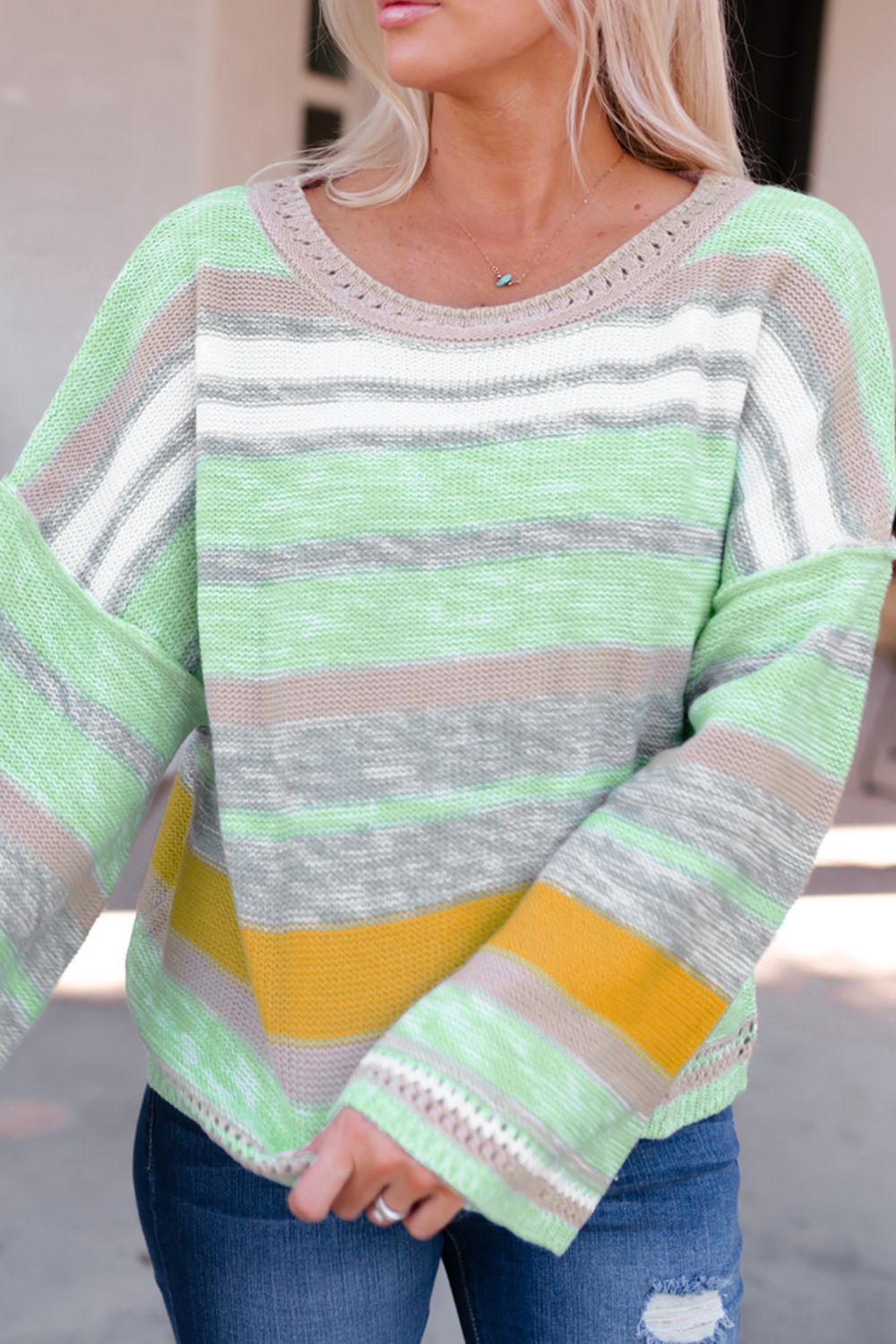 Contrast Striped Boat Neck Dropped Shoulder Sweater