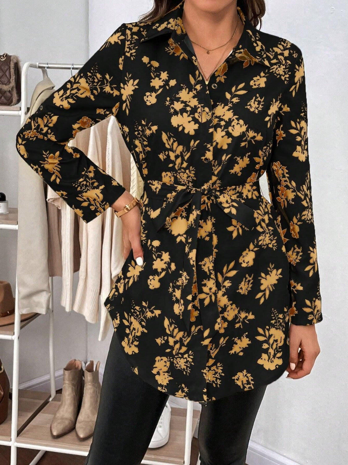 Printed Collared Neck Long Sleeve Shirt