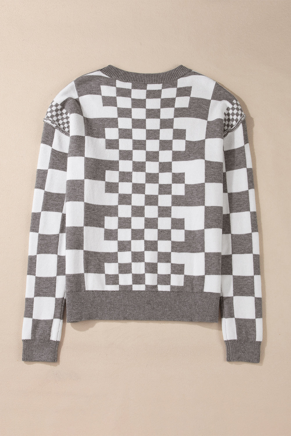 Black Checkered Print Drop Shoulder Round Neck Sweater