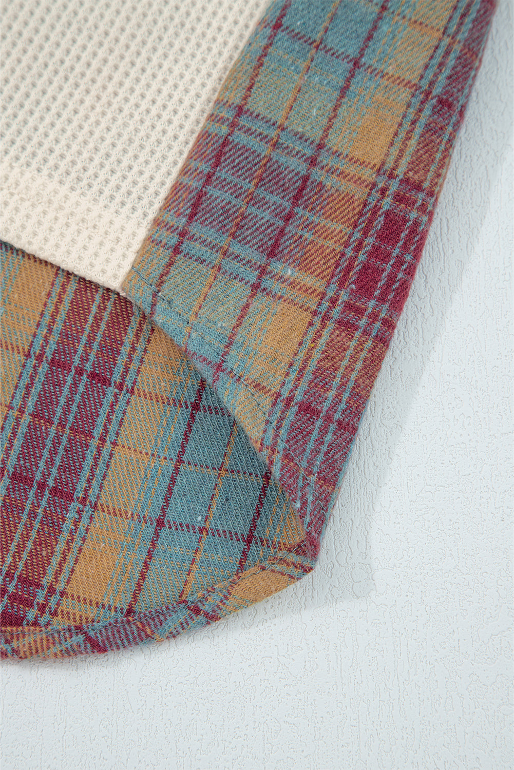 Straw Yellow Waffle Stripe Plaid Patchwork Henley Knit Top