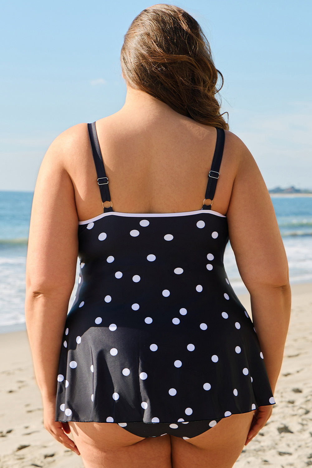 Black Polka Dot Trim V Neck Plus Size Swim Dress