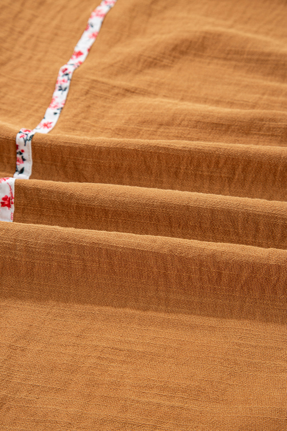 Straw Yellow Split Neck Pleated Floral Trim Long Puff Sleeve Blouse